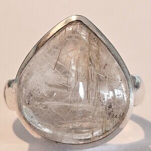 Vintage MRT Sterling Rutile Quartz Tear Drop Cabochon Statement Ring Sz 7.5